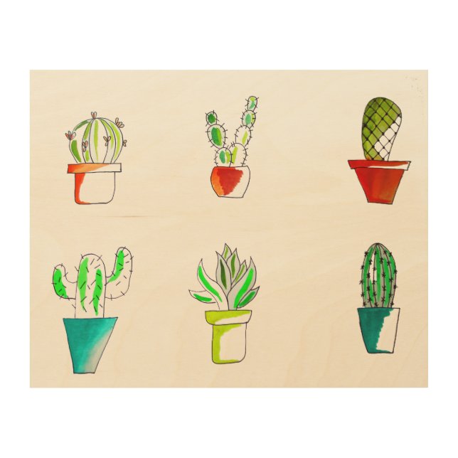 Cute cactus desert illustration wood wall art (Front)
