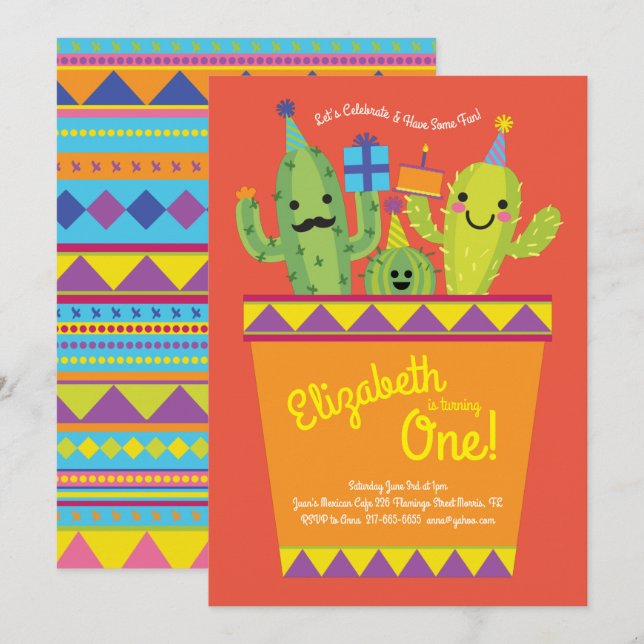 Cute Cactus Desert Kids 1st Birthday Party Mexican Invitation (Front/Back)