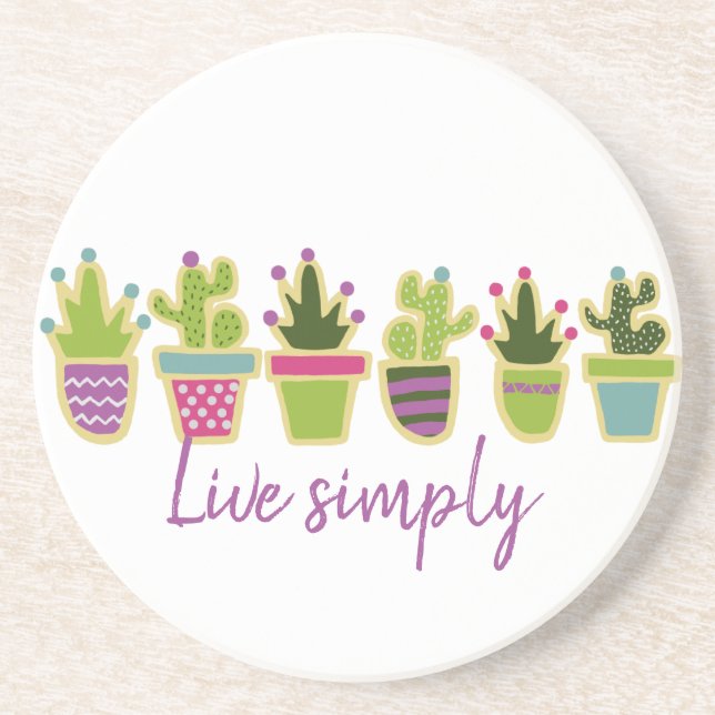 Cute cactus design with custom background color sandstone coaster (Front)