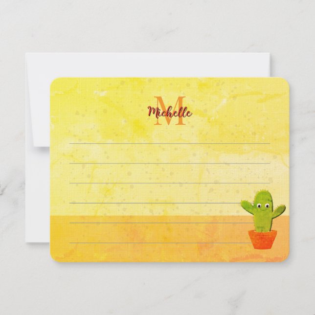 Cute Cactus Drawing Custom Lined Monogram Note Card (Front)