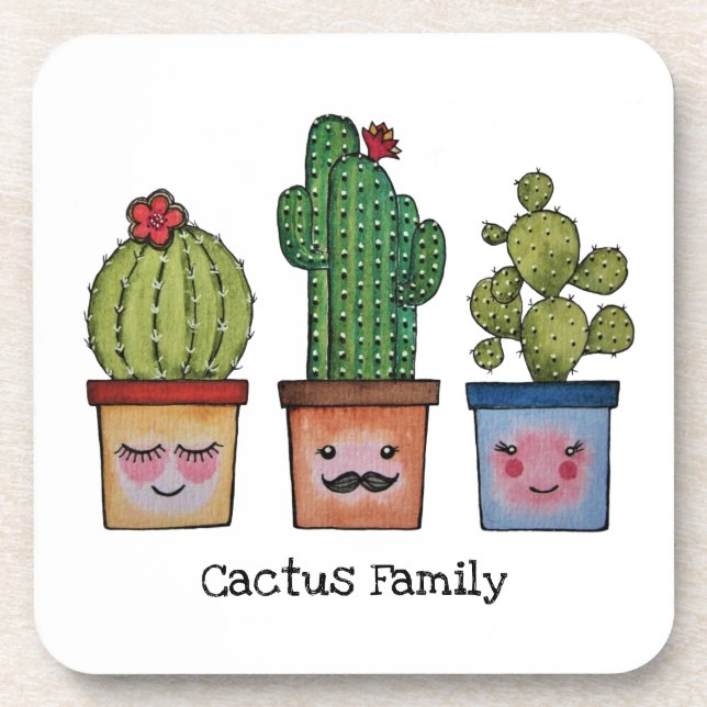 Cute Cactus Family In Watercolor Beverage Coaster (Front)