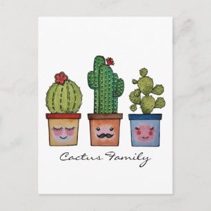 Cute Cactus Family In Watercolor Postcard