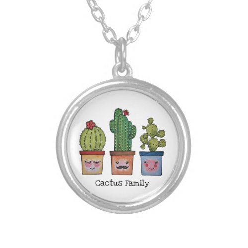 Cute Cactus Family In Watercolor Silver Plated Necklace