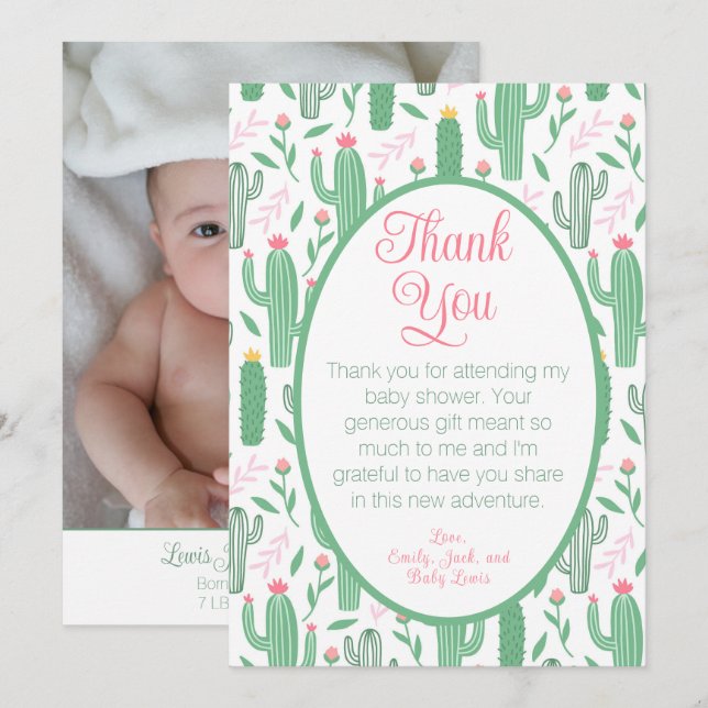 Cute Cactus Floral Baby Shower Photo Thank You Card (Front/Back)