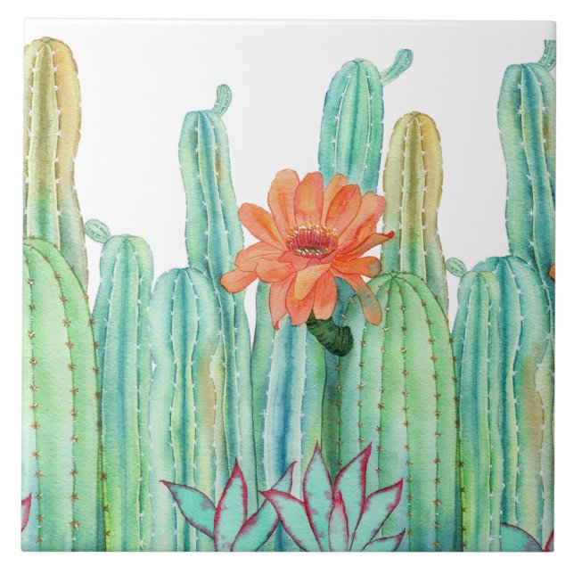 Cute Cactus Floral Botanical  Ceramic Tile (Front)