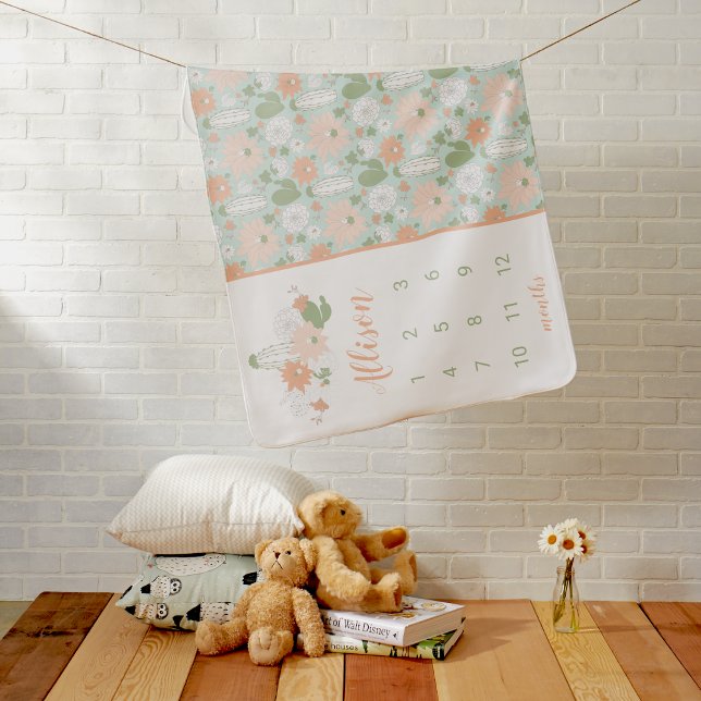 Cute Cactus Floral Growth Tracker Milestone Name Baby Blanket (Cute Cactus Floral Growth Tracker Milestone Name Baby Blanket from Studio Posies. )