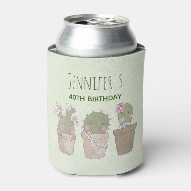 Cute Cactus Girls Wearing Jewelry Birthday Can Cooler (Can Front)