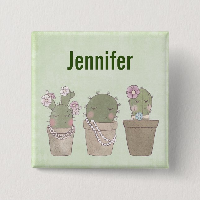 Cute Cactus Girls Wearing Jewelry Button (Front)