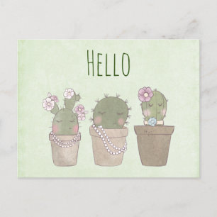 Cute Cactus Girls Wearing Jewelry - Hello Postcard