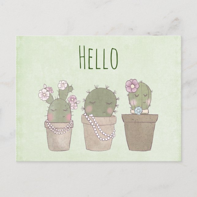 Cute Cactus Girls Wearing Jewelry -  Hello Postcard (Front)