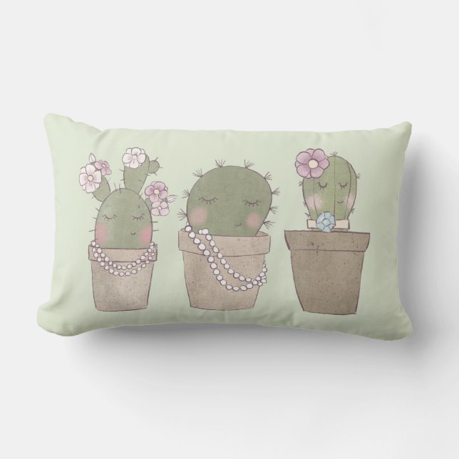 Cute Cactus Girls Wearing Jewelry Lumbar Pillow (Front)