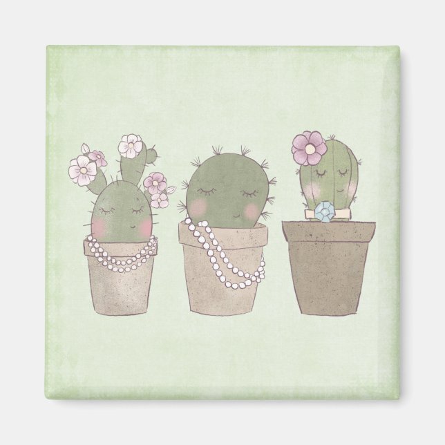Cute Cactus Girls Wearing Jewelry Magnet (Front)