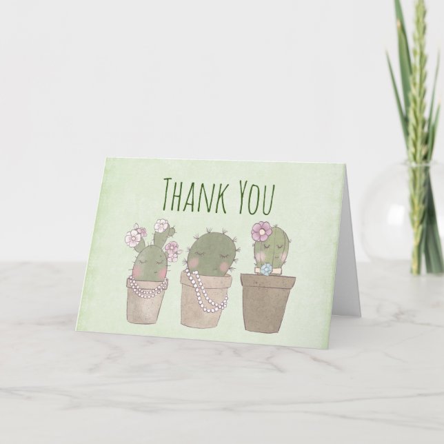 Cute Cactus Girls Wearing Jewelry Thank You Card (Front)