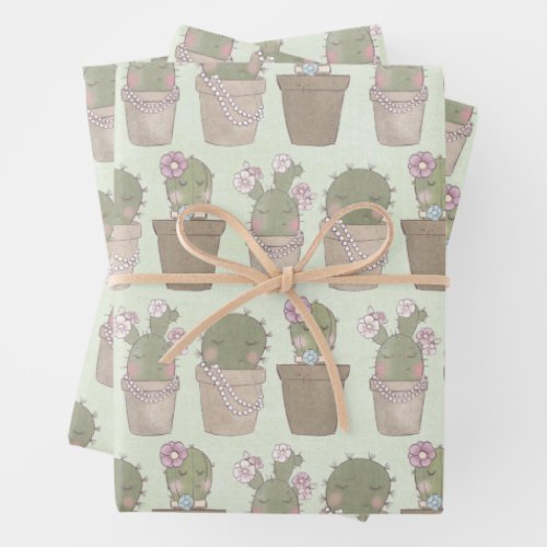Cute Cactus Girls Wearing Jewelry Wrapping Paper Sheets