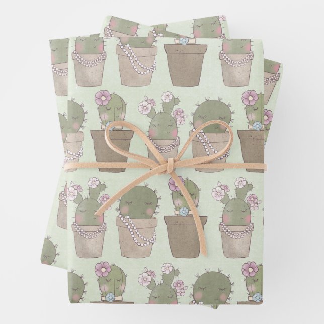 Cute Cactus Girls Wearing Jewelry Wrapping Paper Sheets (In situ)