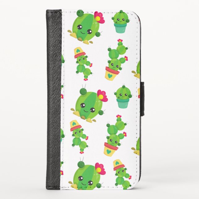 Cute Cactus, Green Cactus, Cactus Pattern iPhone Wallet Case (Front)