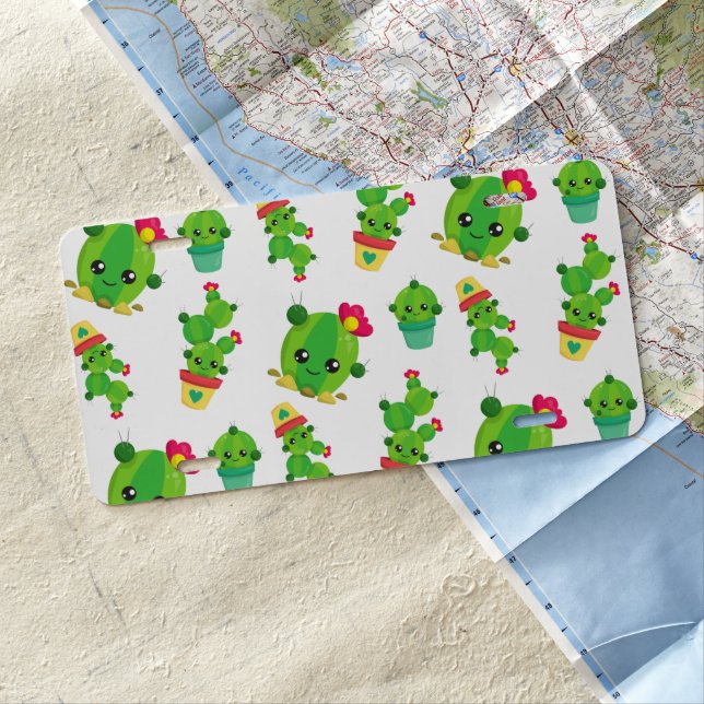 Cute Cactus, Green Cactus, Cactus Pattern License Plate (In Situ)