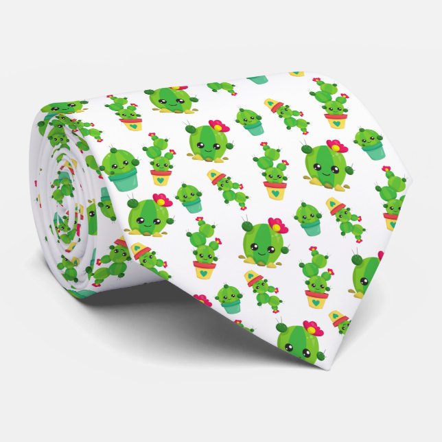 Cute Cactus, Green Cactus, Cactus Pattern Neck Tie (Rolled)