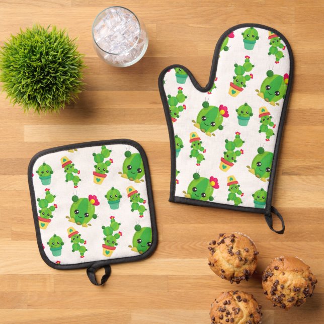 Cute Cactus, Green Cactus, Cactus Pattern Oven Mitt & Pot Holder Set (Top Down)