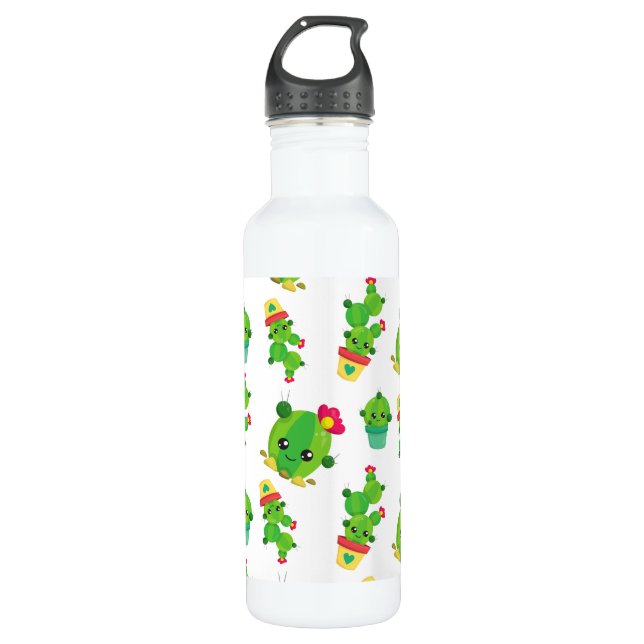 Cute Cactus, Green Cactus, Cactus Pattern Stainless Steel Water Bottle (Front)