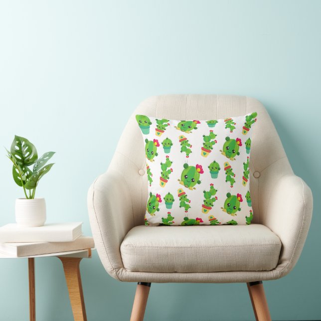 Cute Cactus, Green Cactus, Cactus Pattern Throw Pillow (Chair)