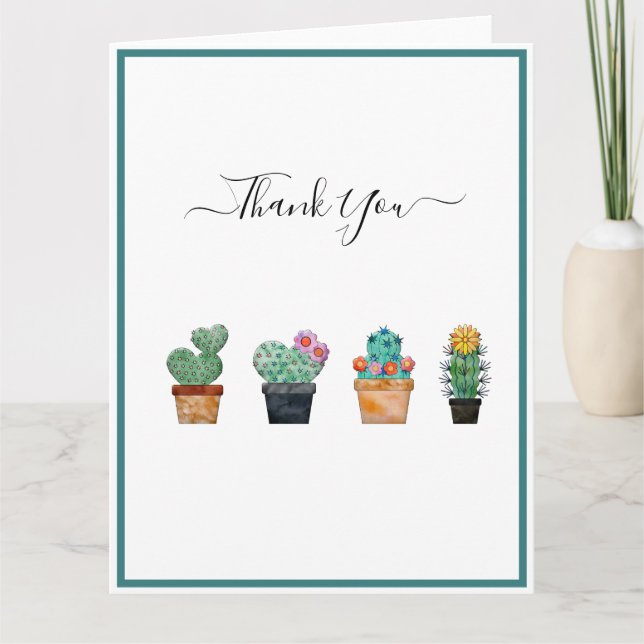 Cute Cactus Greenery Flower Letterpress Thank You Card (Front)