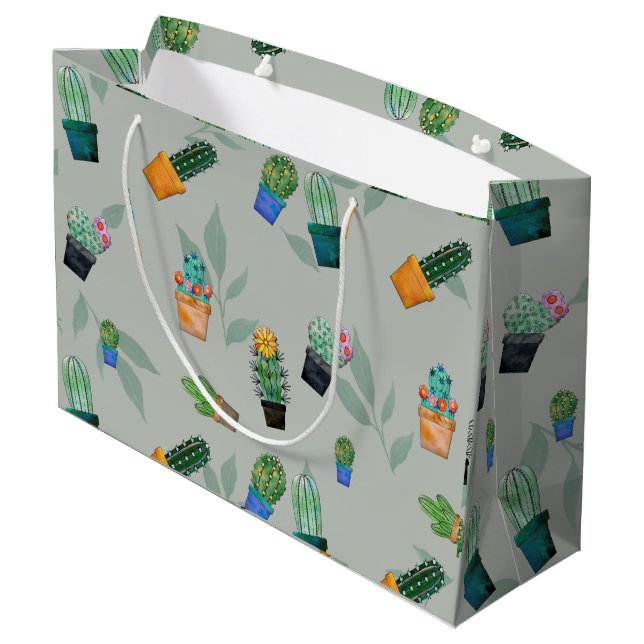 Cute Cactus Greenery Flower Pattern Large Gift Bag (Back Angled)