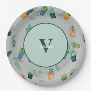 Cute Cactus Greenery Flower Pattern Paper Plates