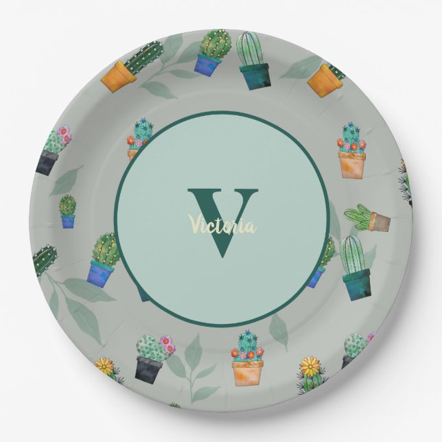 Cute Cactus Greenery Flower Pattern Paper Plates (Front)