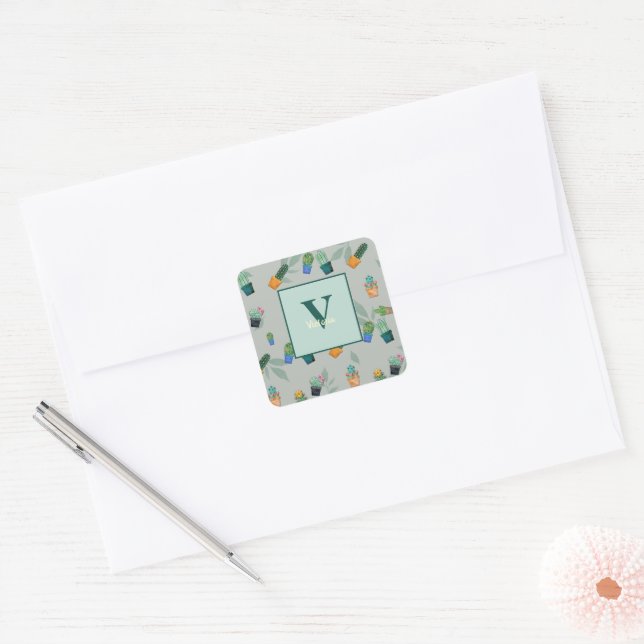 Cute Cactus Greenery Flower Pattern Square Sticker (Envelope)
