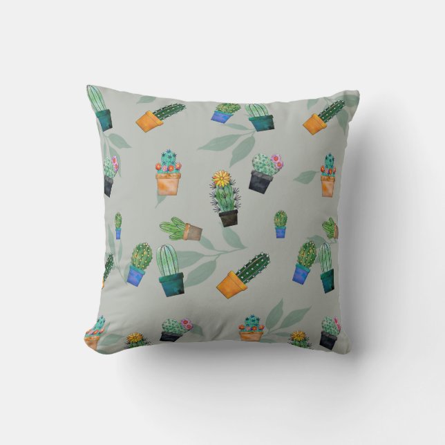 Cute Cactus Greenery Flower Pattern Throw Pillow (Front)