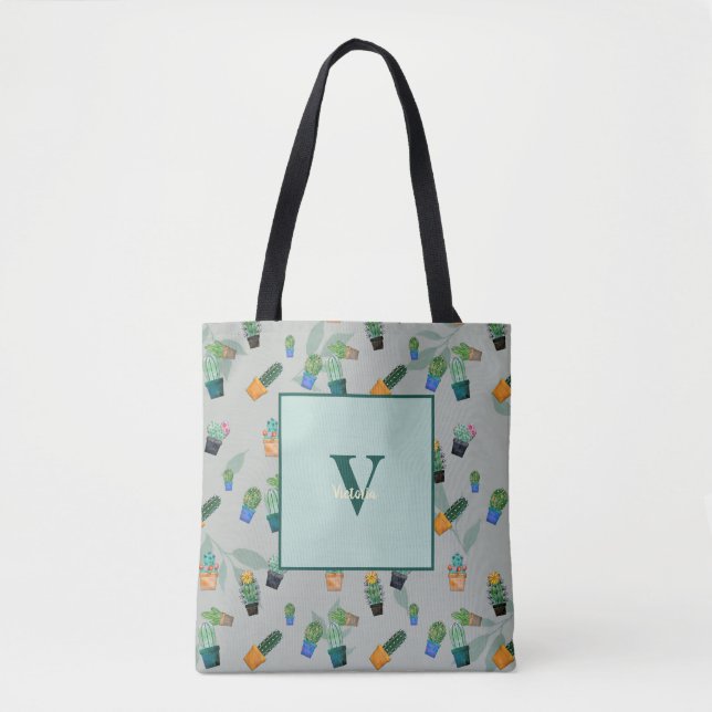 Cute Cactus Greenery Flower Pattern Tote Bag (Front)