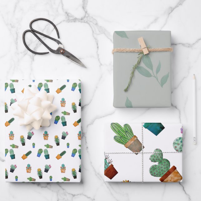 Cute Cactus Greenery Flower Pattern Wrapping Paper Sheets (Front)