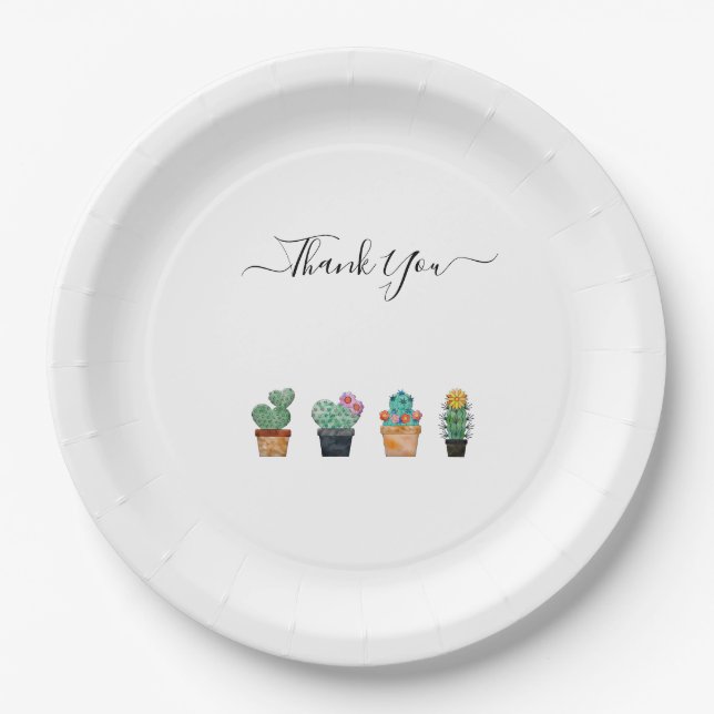 Cute Cactus Greenery Flower Thank You Paper Plates (Front)