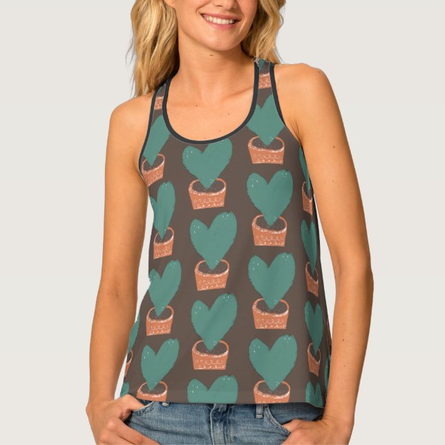 Cute Cactus Heart Terracotta Pot Brown Tank Top (Front)