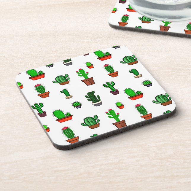 Cute Cactus illustrations Pattern White Beverage Coaster (Left Side)