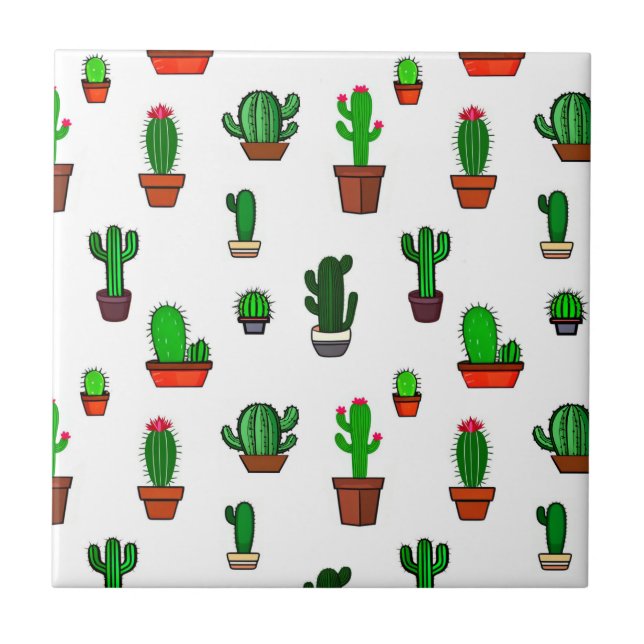 Cute Cactus illustrations Pattern White Ceramic Tile (Front)