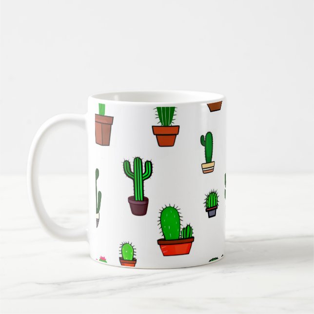 Cute Cactus illustrations Pattern White Coffee Mug (Left)