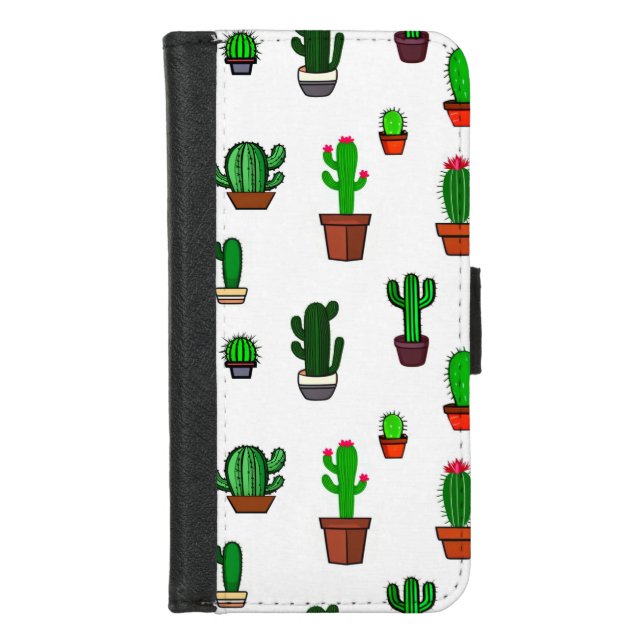 Cute Cactus illustrations Pattern White iPhone Wallet Case (Front)