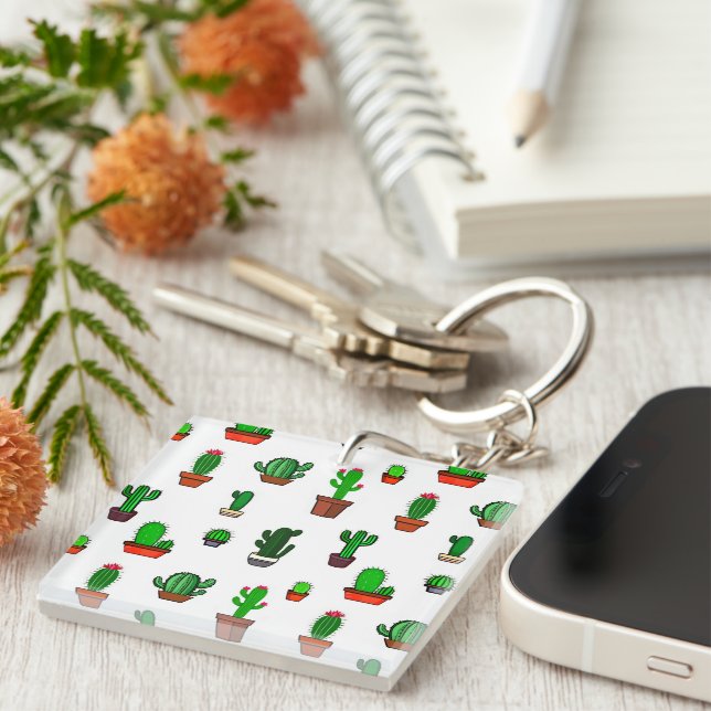 Cute Cactus illustrations Pattern White Keychain (Front Right)