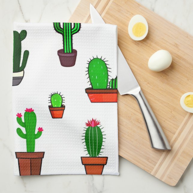Cute Cactus illustrations Pattern White Kitchen Towel (Quarter Fold)