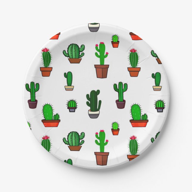 Cute Cactus illustrations Pattern White Paper Plates (Front)