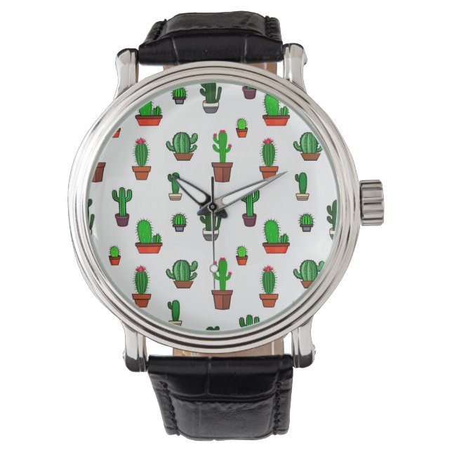 Cute Cactus illustrations Pattern White Watch (Front)