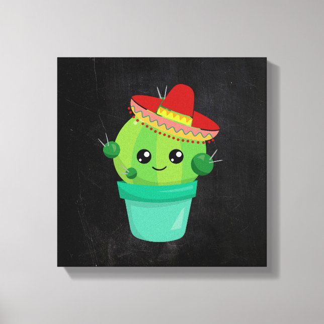 Cute Cactus in a Sombrero on Black Chalkboard Canvas Print (Front)