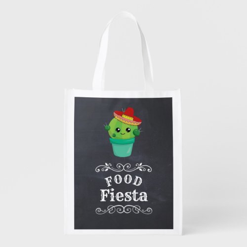 Cute Cactus in a Sombrero on Black Chalkboard Grocery Bag