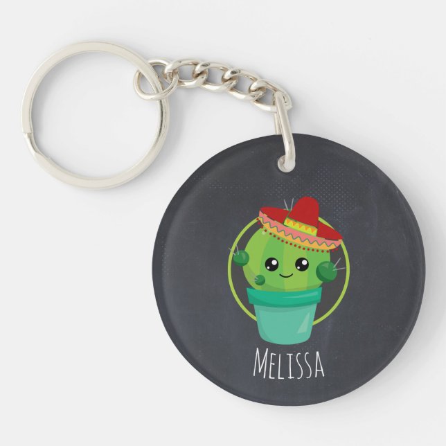 Cute Cactus in a Sombrero on Black Chalkboard Keychain (Front)