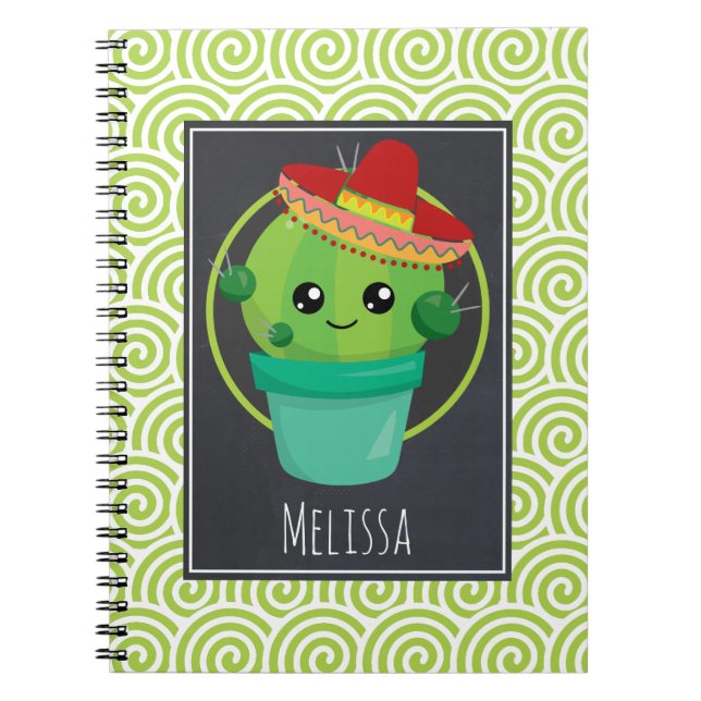 Cute Cactus in a Sombrero on Black Chalkboard Notebook (Front)