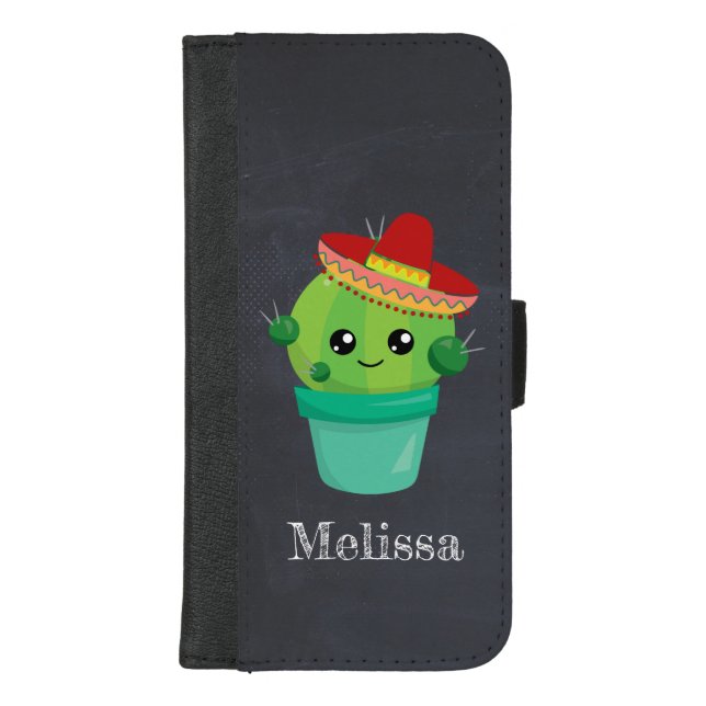 Cute Cactus in a Sombrero on Chalkboard iPhone Wallet Case (Front)