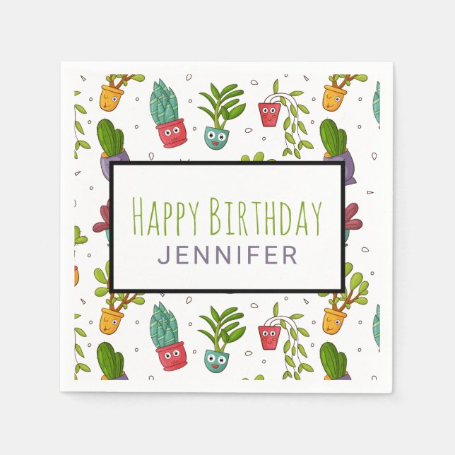 Cute Cactus Nature Succulents Pattern Birthday Napkins (Front)