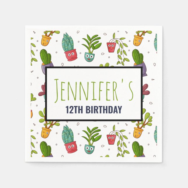 Cute Cactus Nature Succulents Pattern Birthday Napkins (Front)
